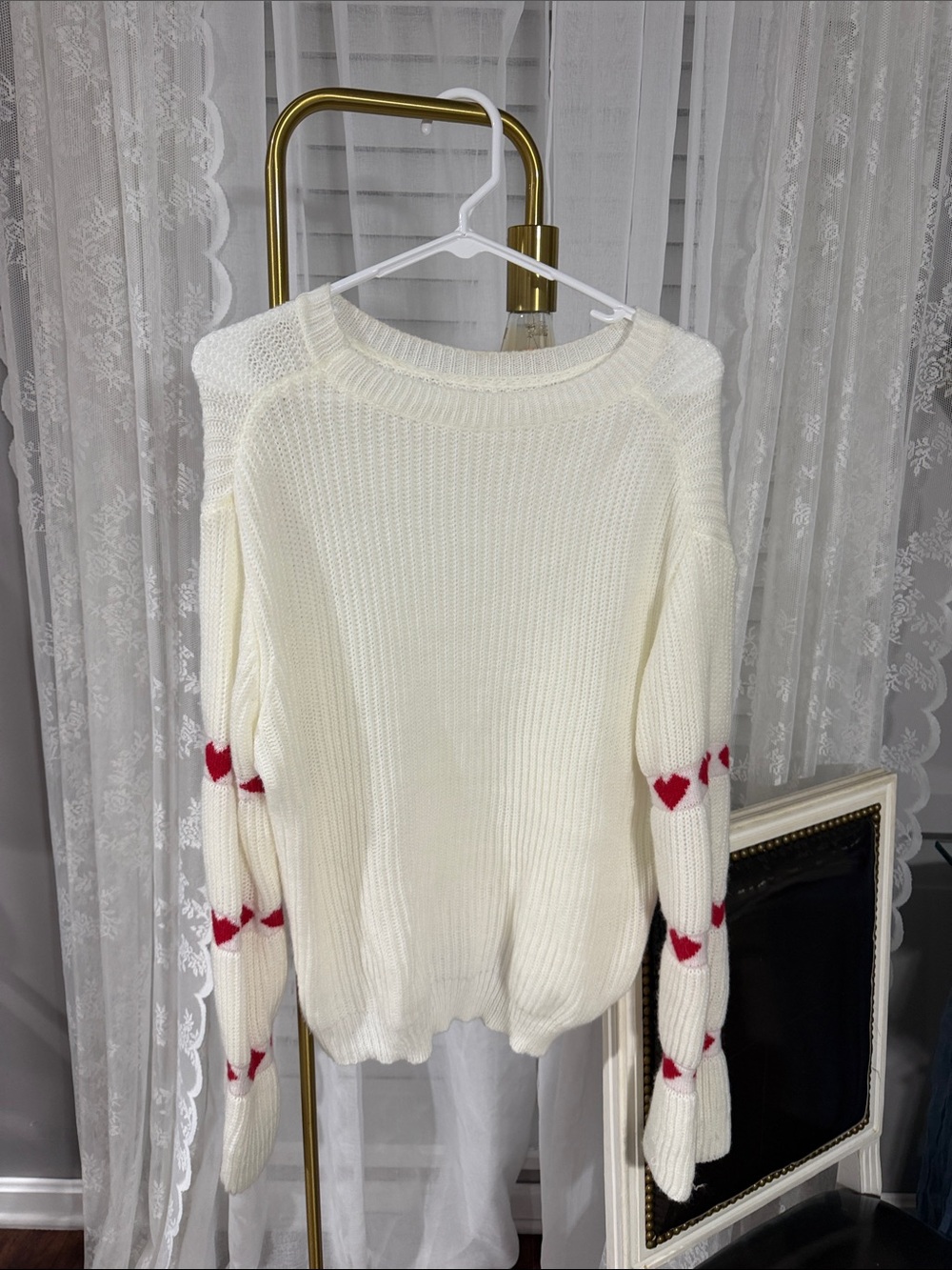 Cream Crewneck Sweater with Red Heart Sleeve Detail